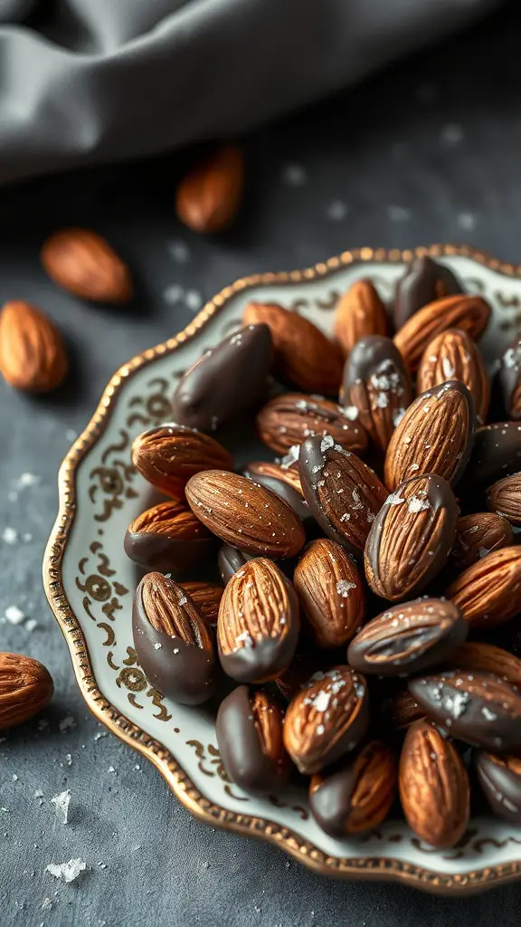 A plate of chocolate-dipped almonds sprinkled with sea salt, surrounded by whole almonds.