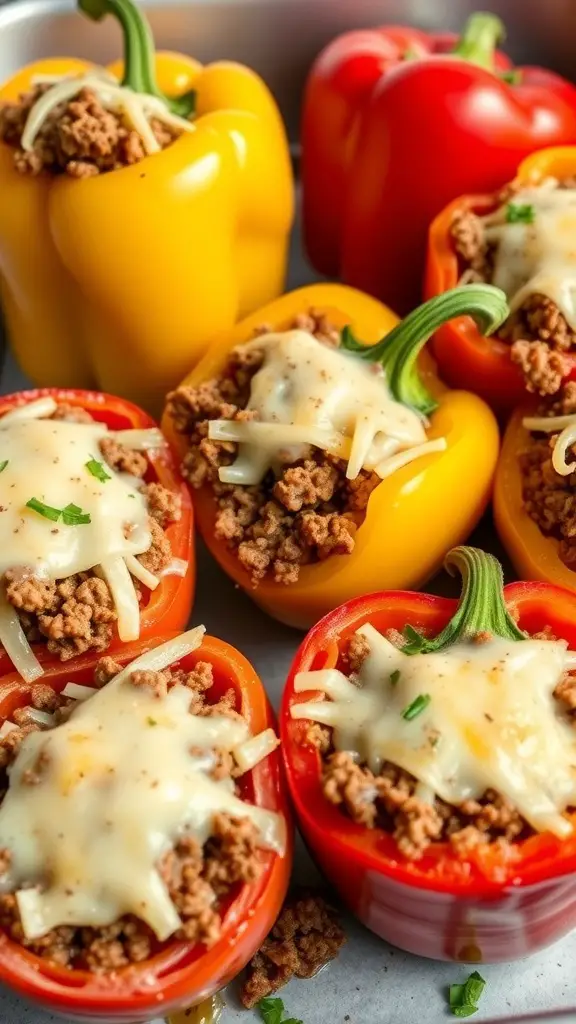 Colorful stuffed bell peppers filled with ground beef and topped with melted cheese.