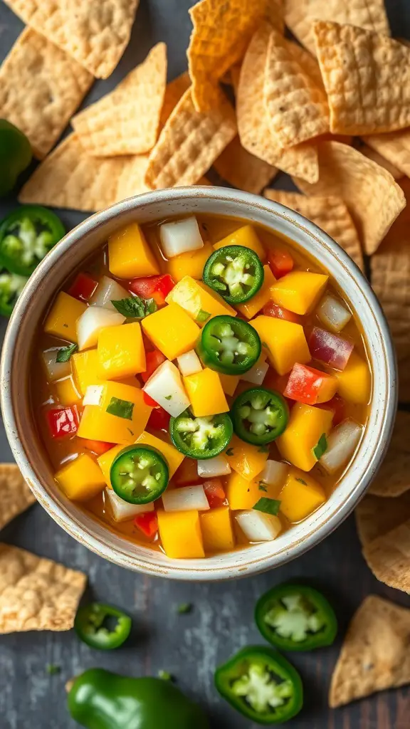 A bowl of sweet and spicy mango salsa with tortilla chips on the side.