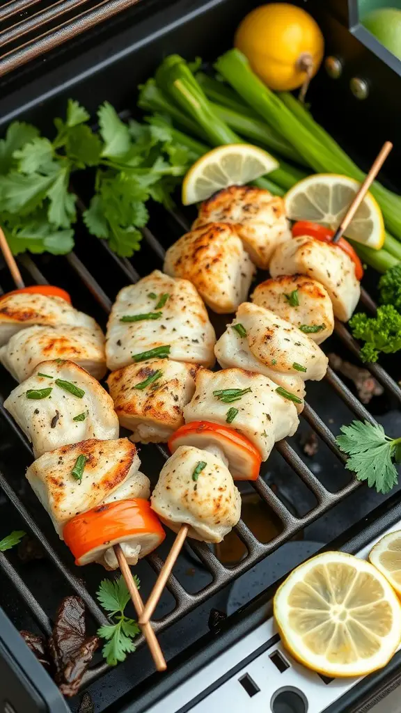 Grilled lemon garlic snapper skewers on a grill with fresh herbs and lemon slices