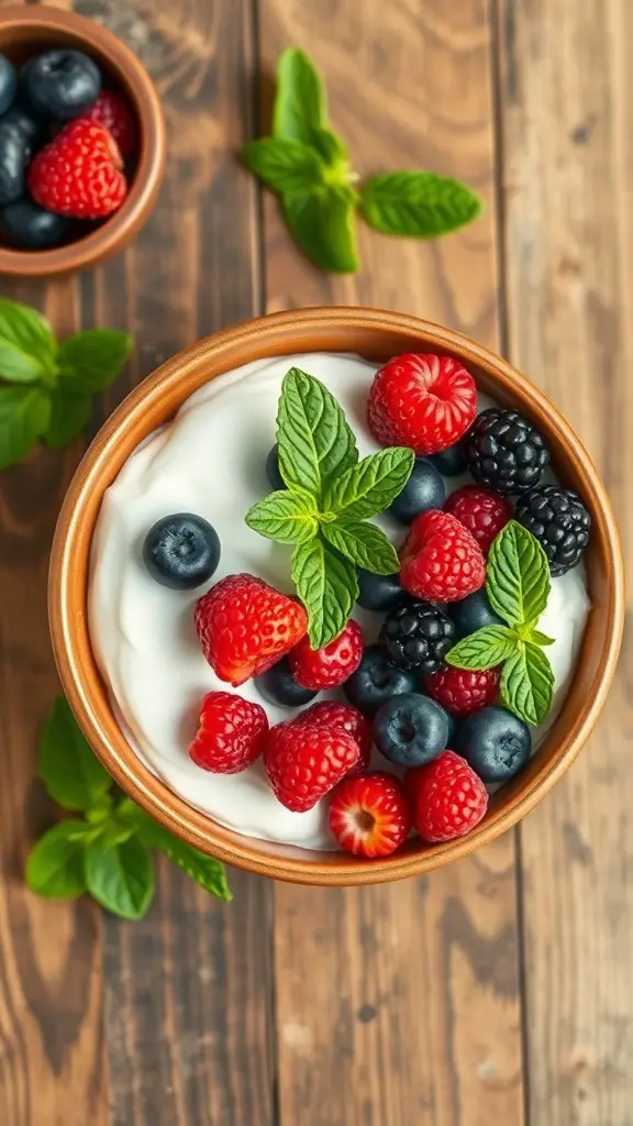 A bowl of Greek yogurt topped with fresh berries and mint leaves on a wooden table.