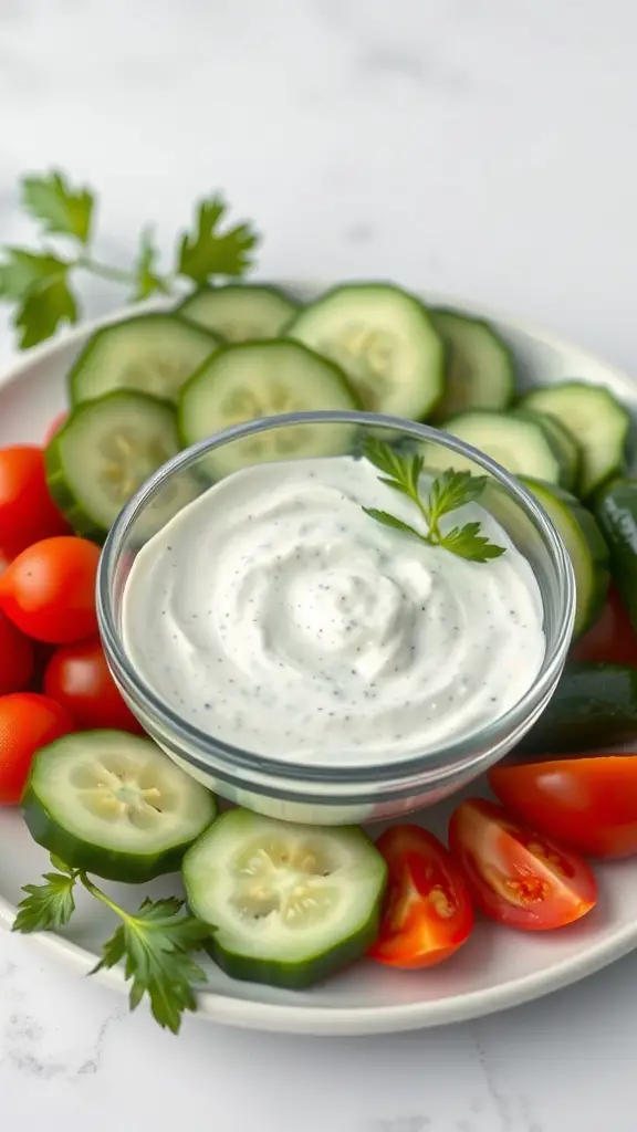 A bowl of tzatziki sauce surrounded by fresh cucumber slices and cherry tomatoes.