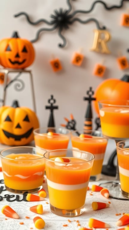Colorful Candy Corn Jello Cups with Halloween decorations