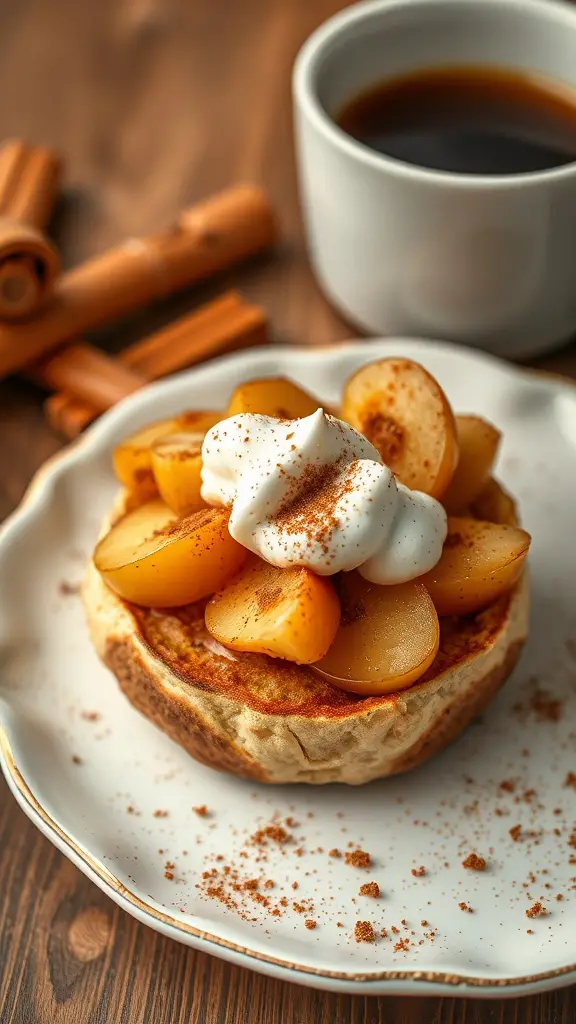 A Cinnamon Apple English Muffin topped with apple slices, whipped cream, and sprinkled with cinnamon, alongside a cup of coffee.