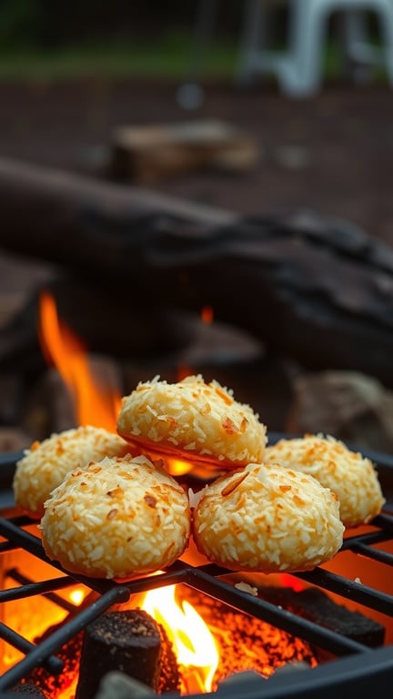 Toasted coconut macaroons on a grill over a campfire