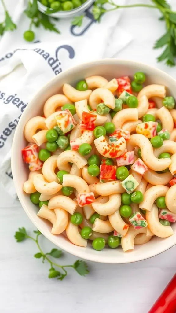 A bowl of creamy macaroni salad with elbow macaroni, green peas, and diced bell peppers.