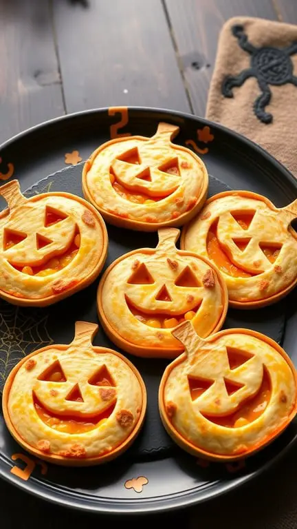 A plate of cheesy pumpkin quesadillas shaped like pumpkins with smiling faces.
