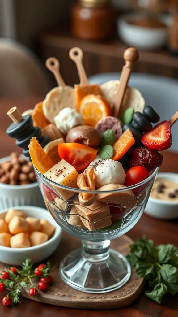A colorful charcuterie cup filled with various cheeses, meats, fruits, and nuts, showcasing global flavors.