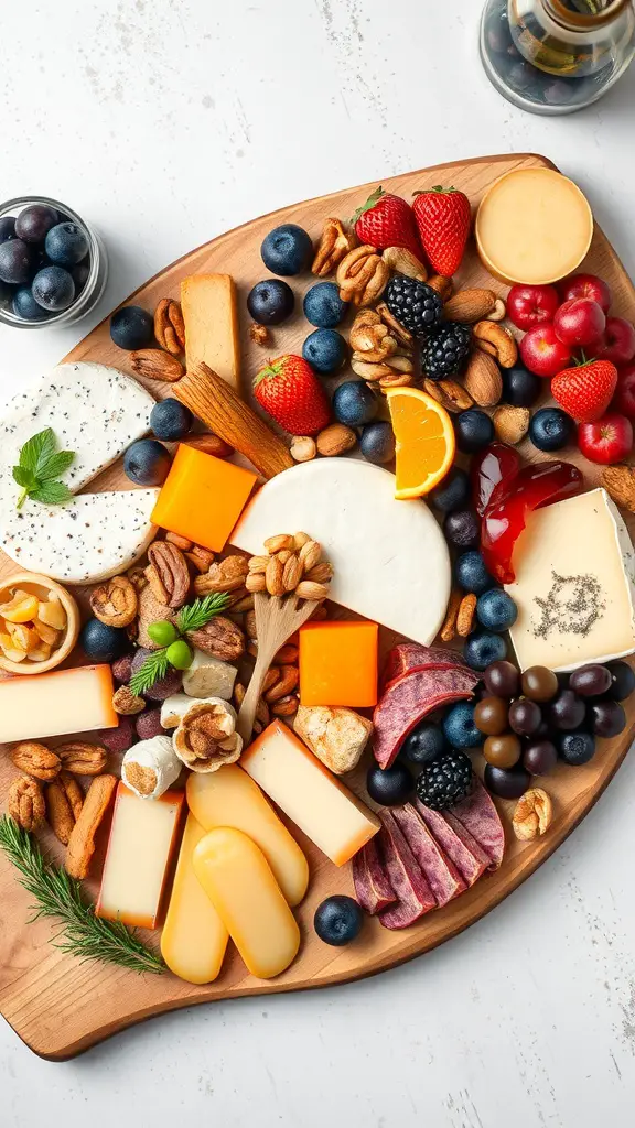 A beautifully arranged fruit and cheese board featuring various cheeses, fresh fruits, nuts, and herbs.