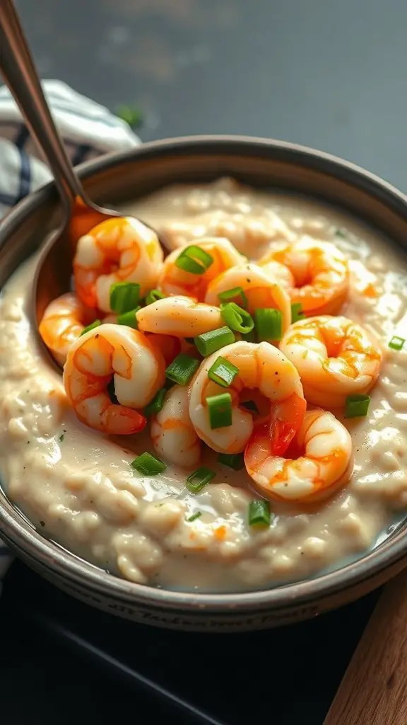 A bowl of shrimp and grits topped with green onions.