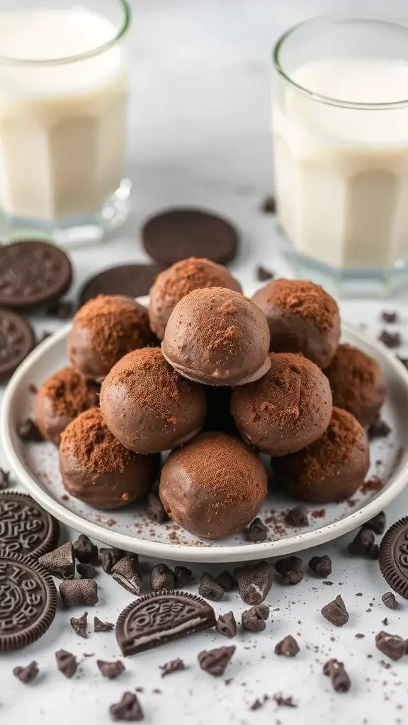 A plate of No Bake Oreo Truffles surrounded by Oreo cookies and chocolate chips, with two glasses of milk in the background.