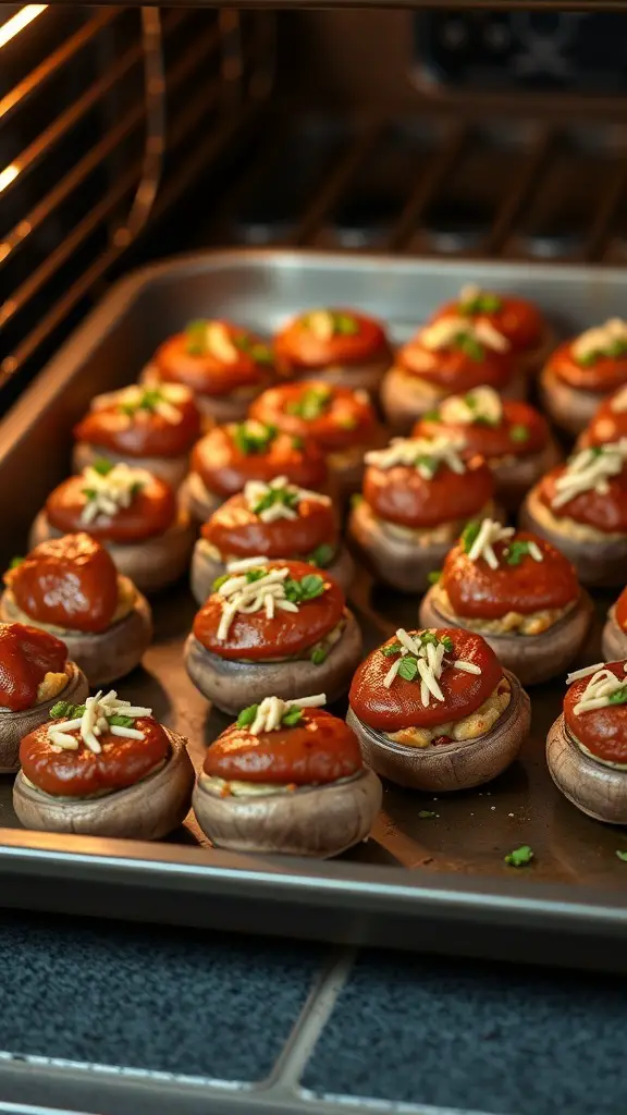 A tray of stuffed mushrooms filled with BBQ sausage filling, topped with sauce and herbs.