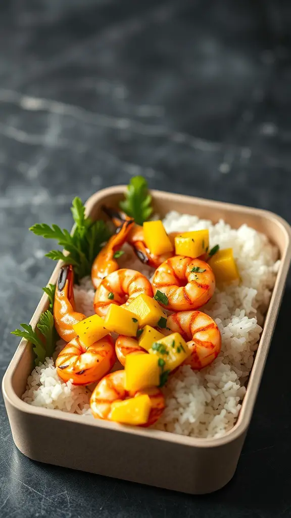A bento box featuring grilled shrimp and mango salsa on a bed of rice.