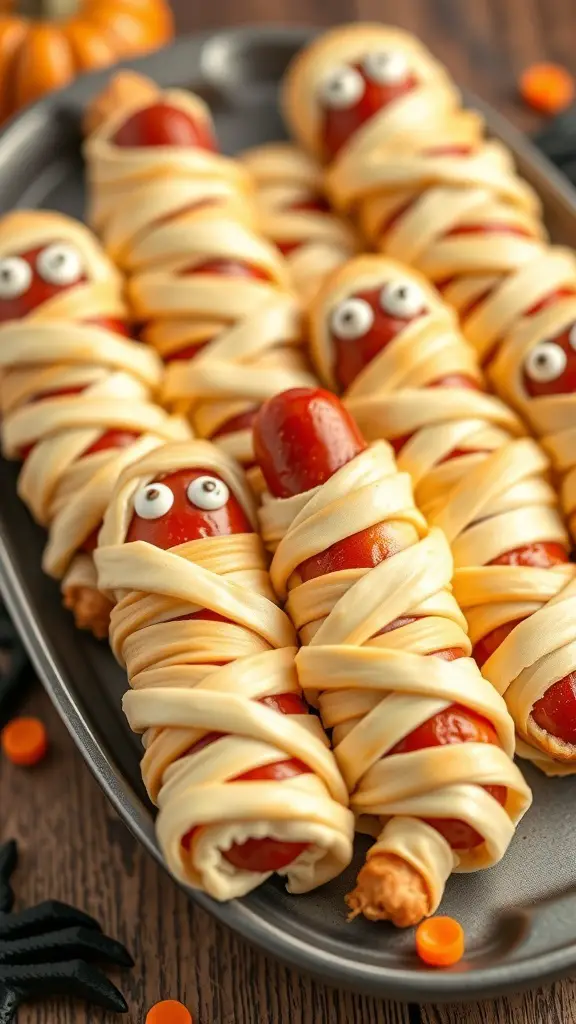 A tray of mummy hot dogs wrapped in dough with eyes, perfect for Halloween.