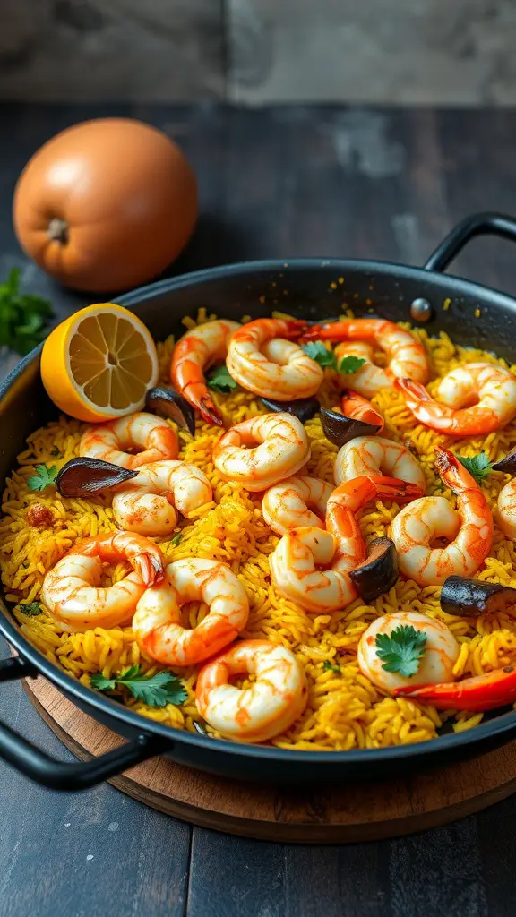 A colorful dish of snapper and shrimp paella with rice, garnished with lemon and herbs.