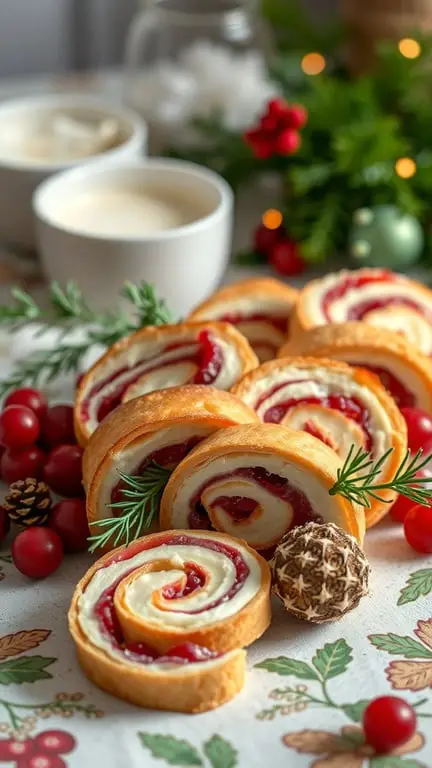 A plate of cranberry and brie pinwheels garnished with herbs and surrounded by festive decorations.