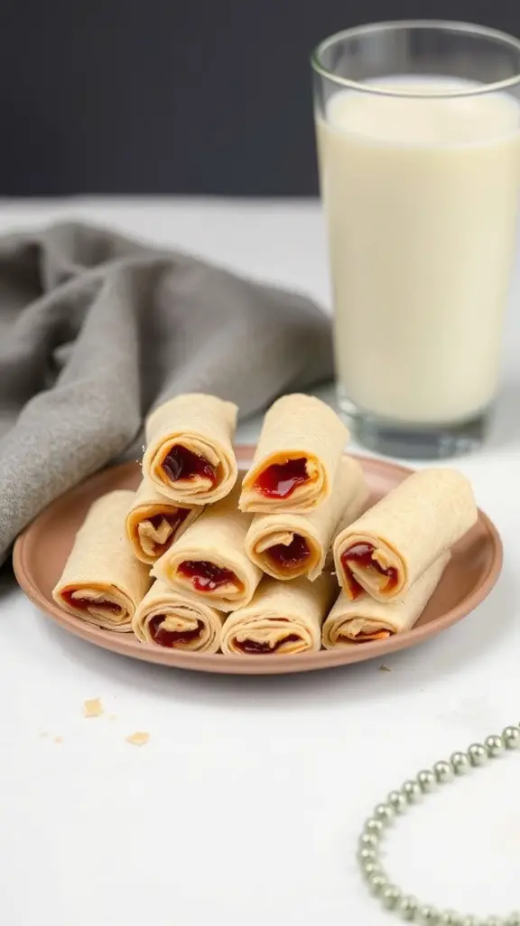 A plate of peanut butter and jelly roll-ups with a glass of milk