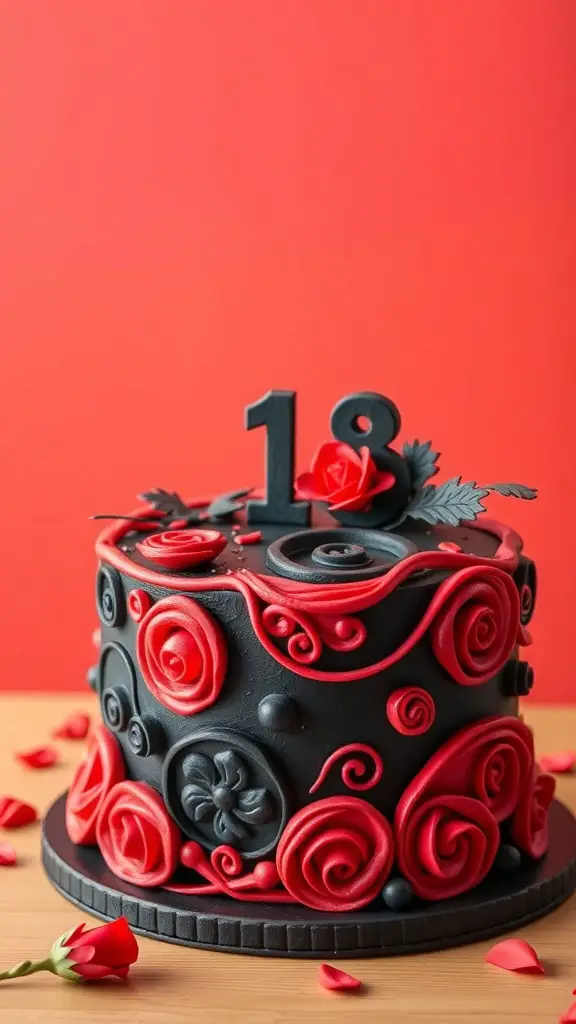 A beautifully decorated red and black birthday cake with roses and swirls, featuring the number 18 on top.