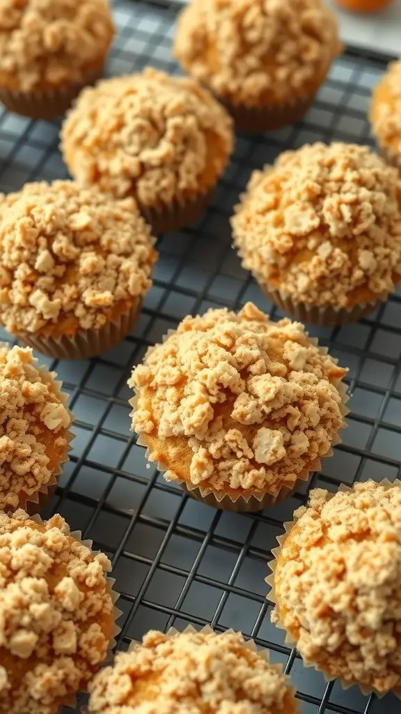 Freshly baked apricot muffins with a crumble topping on a cooling rack.