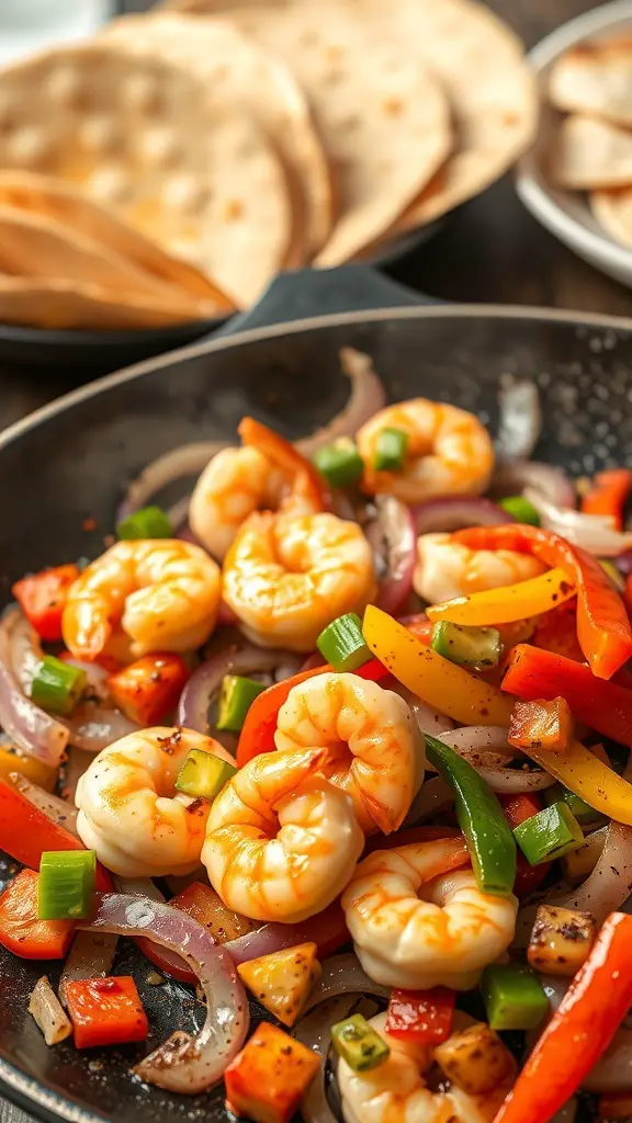A skillet filled with shrimp and colorful bell peppers, served with tortillas.
