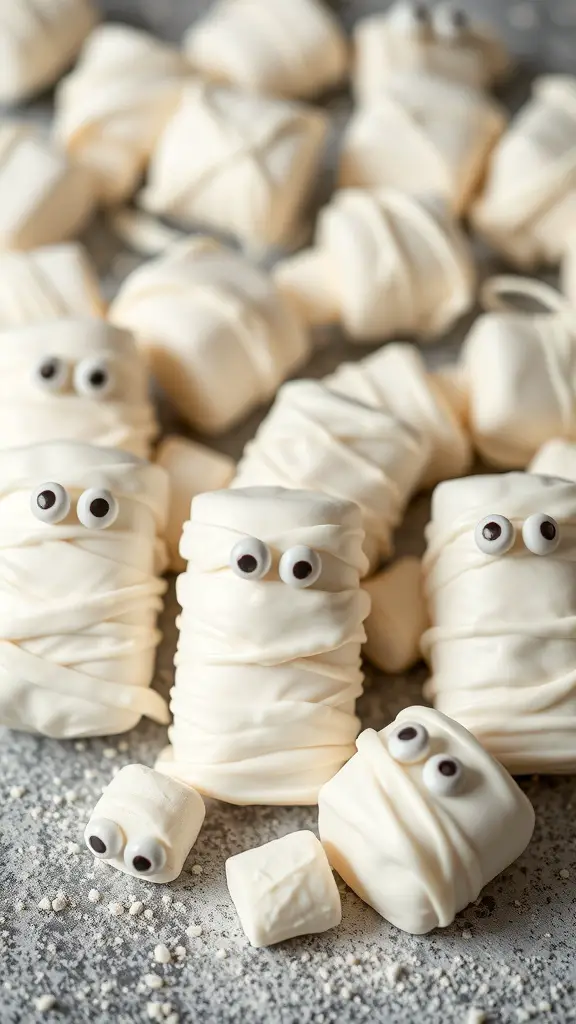A collection of mummy marshmallows wrapped in white chocolate with candy eyes.