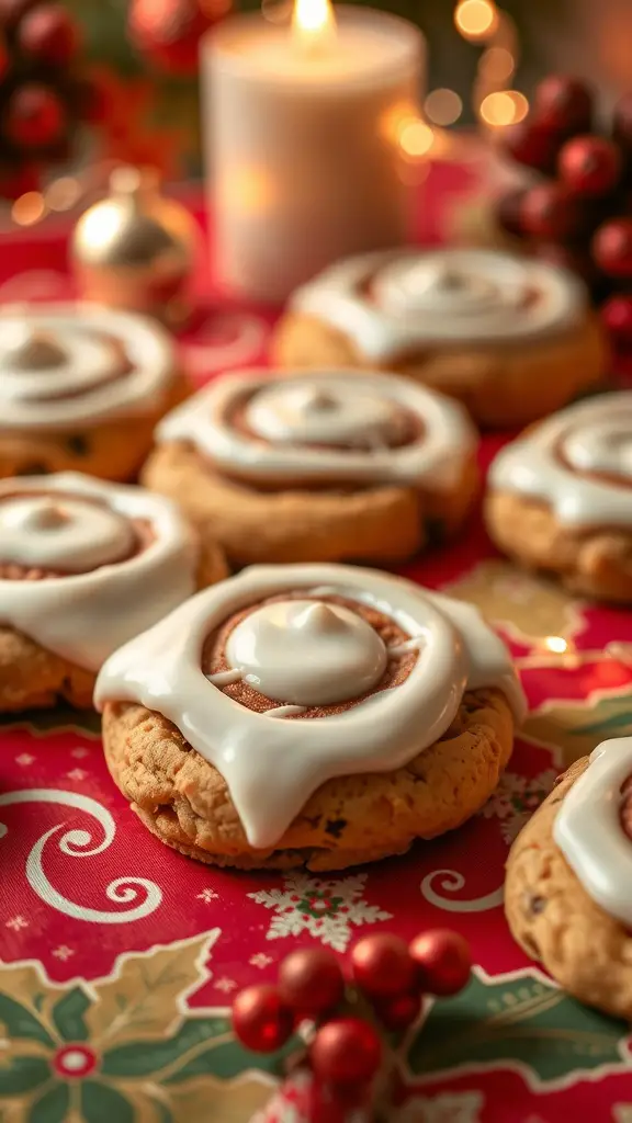 A close-up of Cinnamon Roll No Bake Cookies on a festive table, decorated with icing and surrounded by holiday decor.