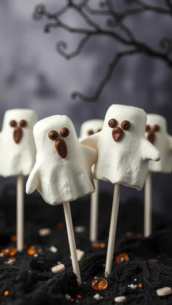 Ghostly marshmallow pops decorated with chocolate eyes and mouth