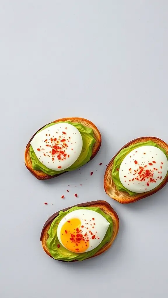 Egg and avocado toast with poached eggs on crispy bread topped with chili flakes.