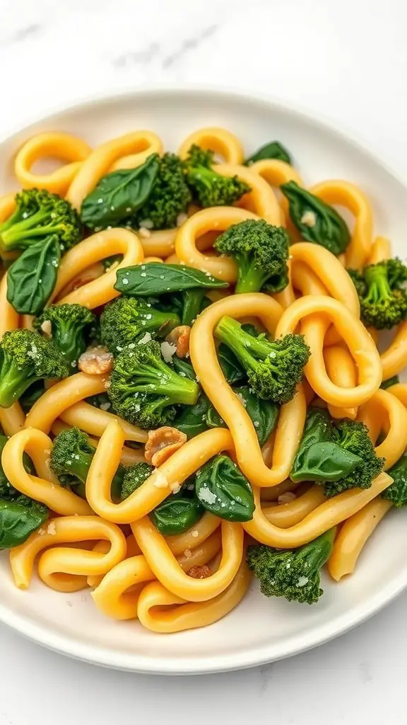 A plate of orecchiette pasta with broccoli rabe and nuts.