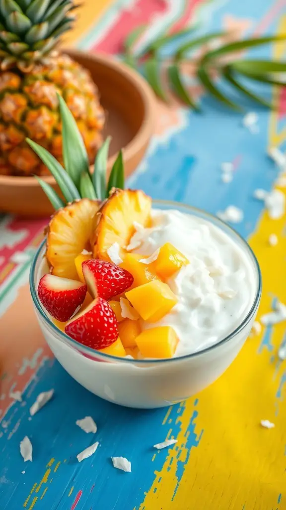 A colorful yogurt bowl topped with pineapple, mango, strawberries, and coconut, set against a vibrant background.