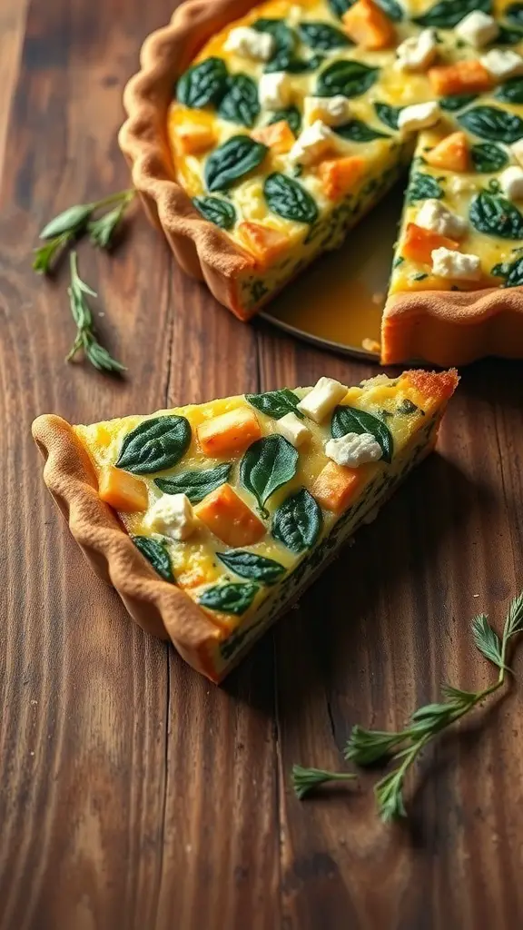 A slice of savory spinach and feta quiche on a wooden table, with fresh spinach leaves and herbs around it.