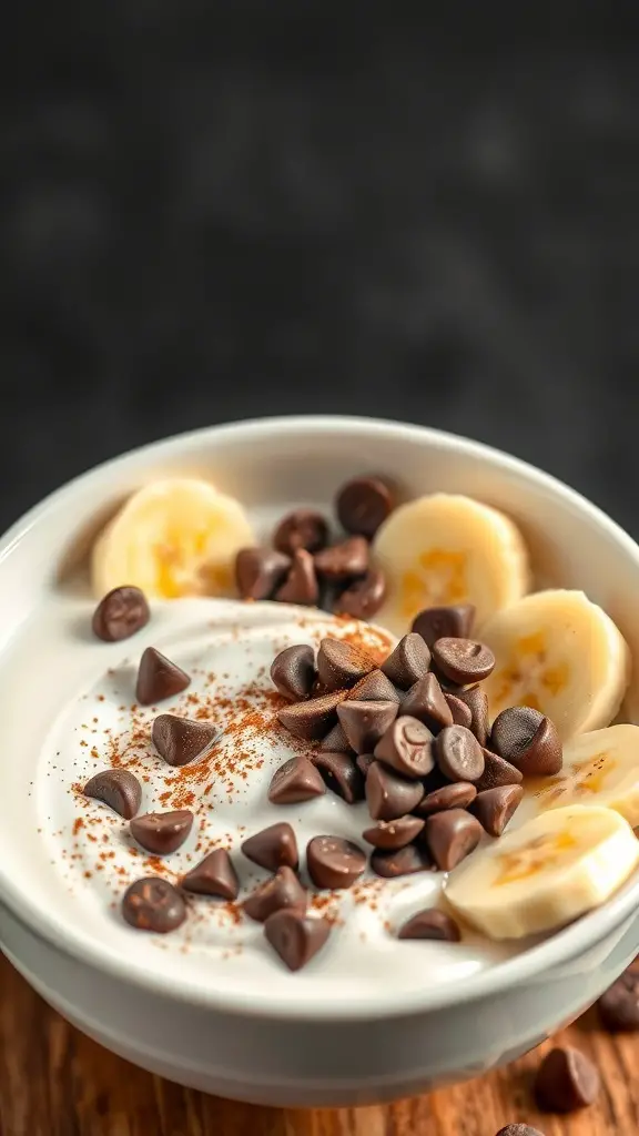 A delicious Greek yogurt bowl topped with banana slices, chocolate chips, and cocoa powder.