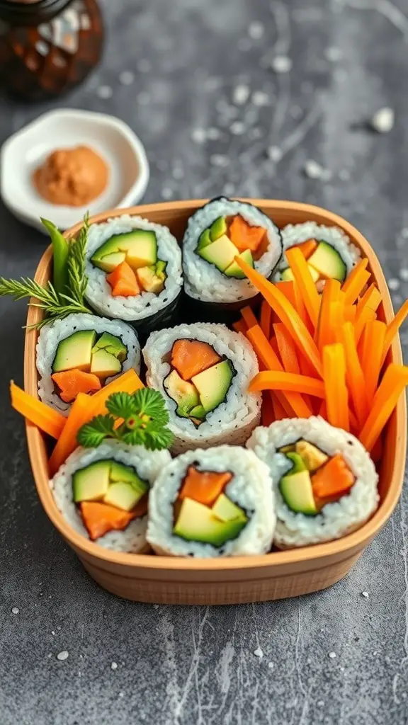 A bento box filled with vegan sushi rolls made with avocado and cucumber, accompanied by carrot sticks and a small dish of wasabi.
