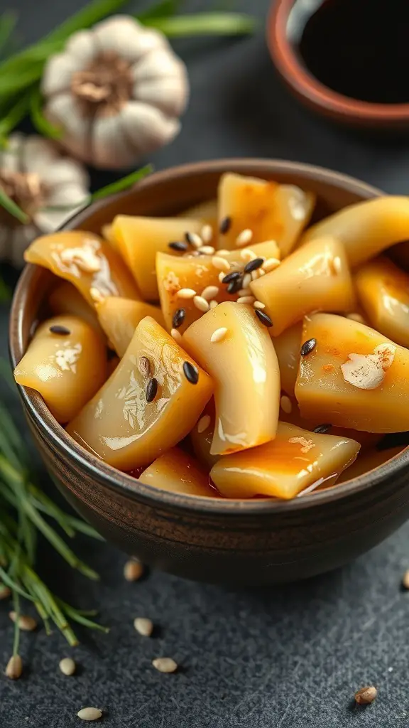 Bowl of Asian style pickled garlic with sesame seeds