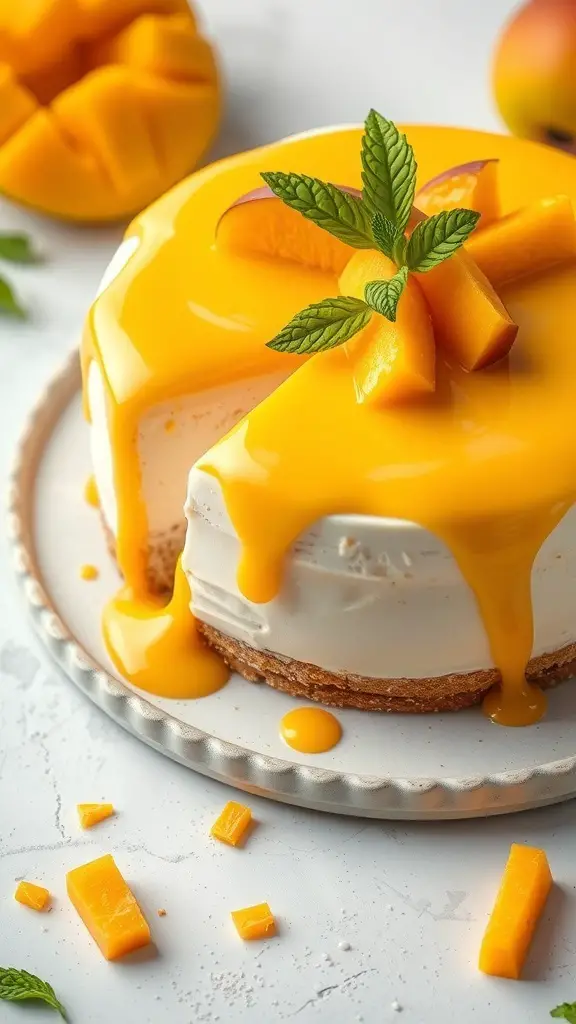 A mango mousse cake with a glossy mango glaze and fresh mango slices on top.