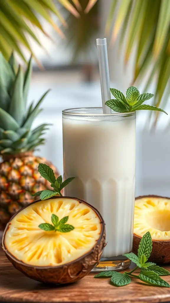 A refreshing glass of pineapple juice garnished with mint leaves, surrounded by fresh pineapples.