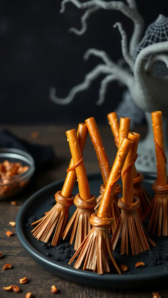 A plate of Witch's Broomstick Cheese Sticks made with pretzel sticks and string cheese.