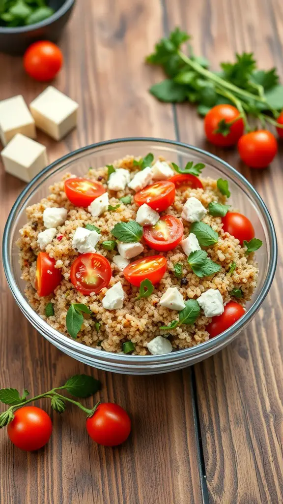 A bowl of quinoa salad with cherry tomatoes and feta cheese, garnished with fresh herbs.