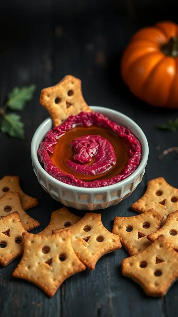A bowl of Bloody Beetroot Hummus with bat-shaped crackers around it, set against a dark background with a pumpkin.