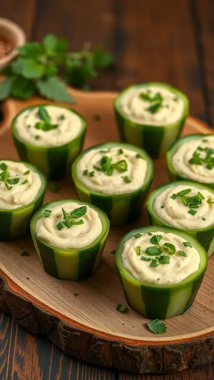 A wooden platter with cucumber cups filled with hummus and topped with herbs.
