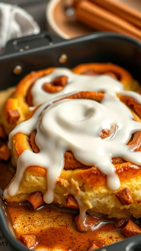 Air Fryer Cinnamon Roll Casserole with icing and cinnamon