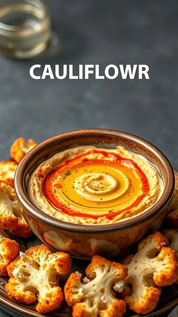 A bowl of spicy roasted cauliflower dip with crispy cauliflower florets around it, topped with a swirl of sauce.