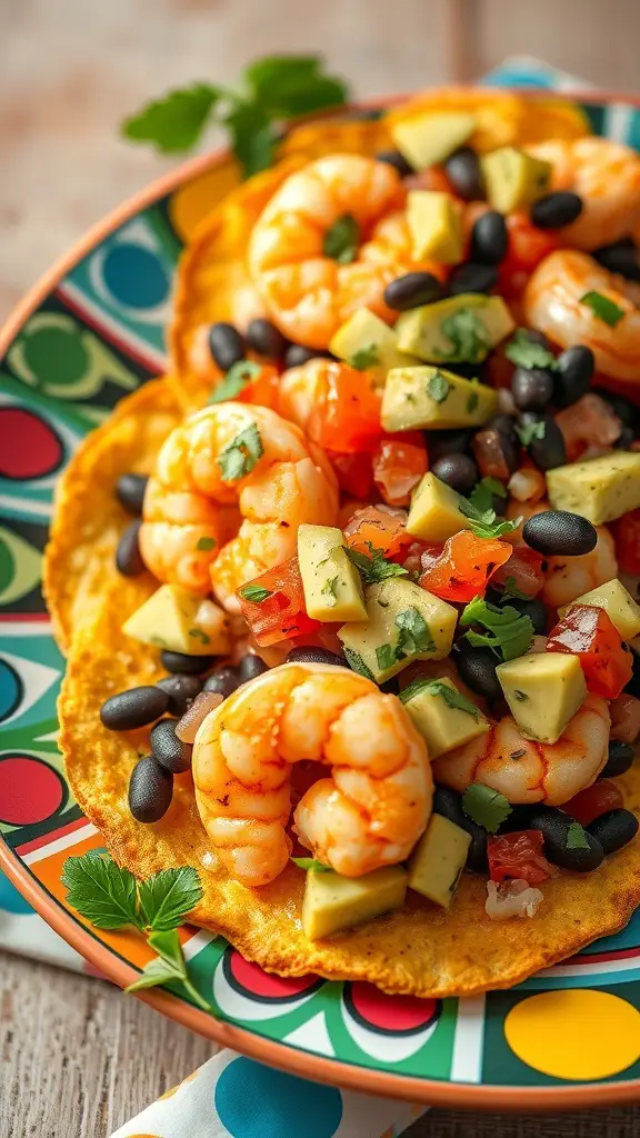 A colorful plate of shrimp tostadas topped with black beans, avocado, and tomatoes.