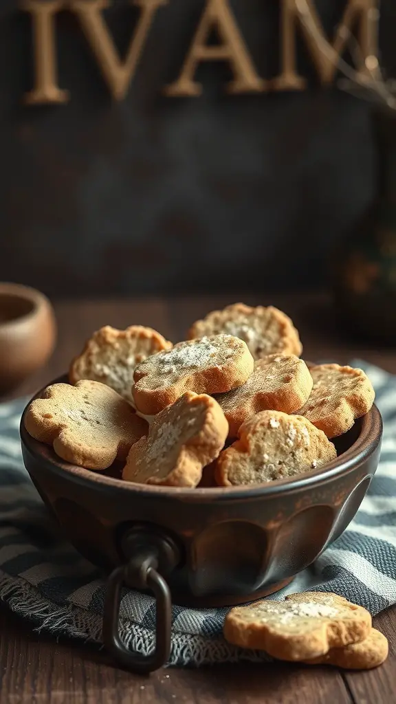 A rustic bowl filled with golden-brown cantucci cookies on a checkered cloth.