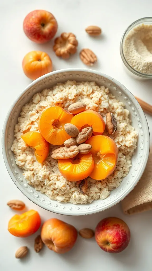 A bowl of oatmeal topped with sliced apricots and nuts, surrounded by fresh fruits.