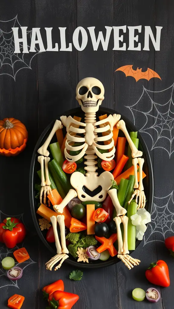 A skeleton figure surrounded by colorful vegetables on a black platter, with Halloween decorations in the background.