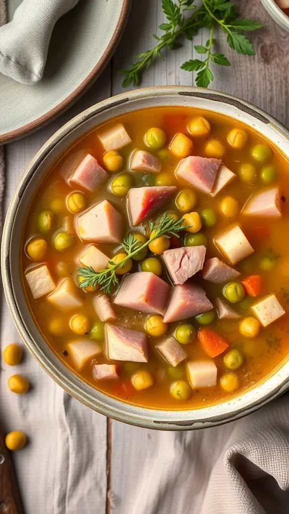 A bowl of split pea and ham soup with green peas, ham chunks, and carrots in a rich broth.