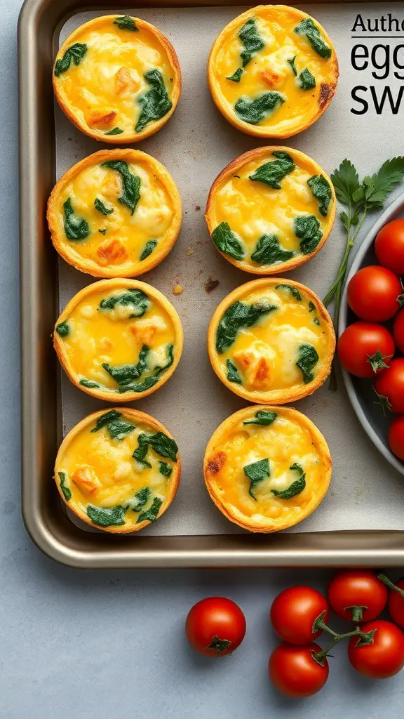 Savory egg muffins with spinach on a tray, surrounded by cherry tomatoes.