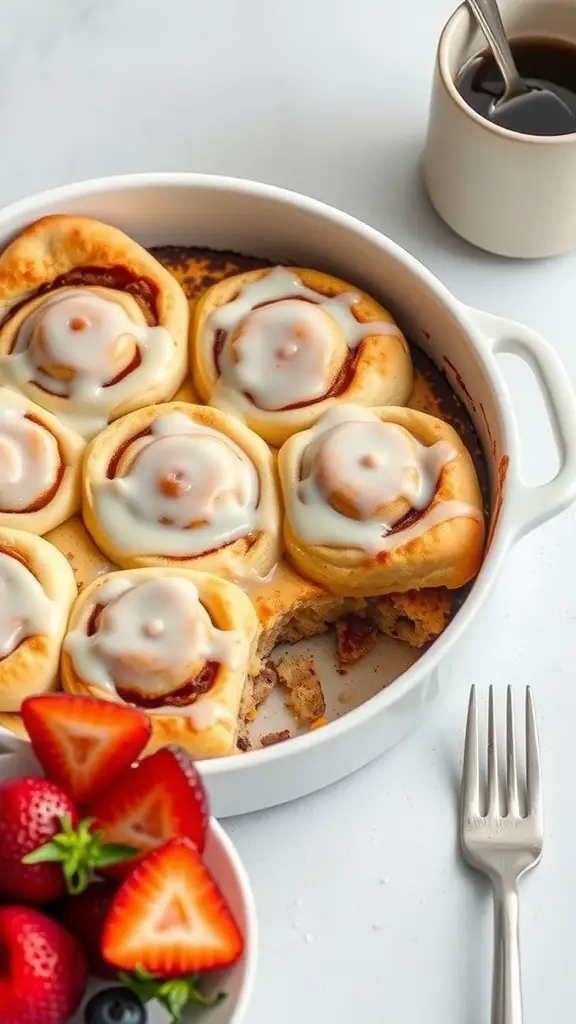 A delicious cinnamon roll casserole topped with icing, served with fresh strawberries and blueberries, and a cup of coffee.