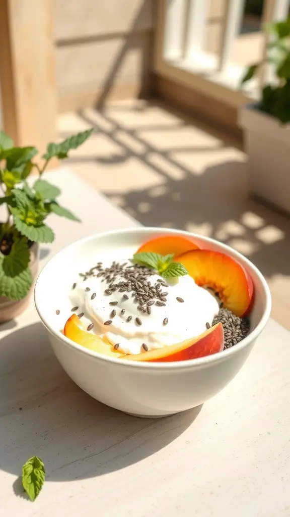 A bowl of Greek yogurt topped with peach slices, chia seeds, and mint leaves.